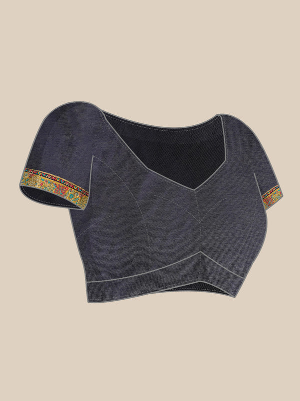 Navy Blue Cotton Blend Woven Thread Floral Saree with Unstitched Blouse - Hiral Fashion | Swadesiicart