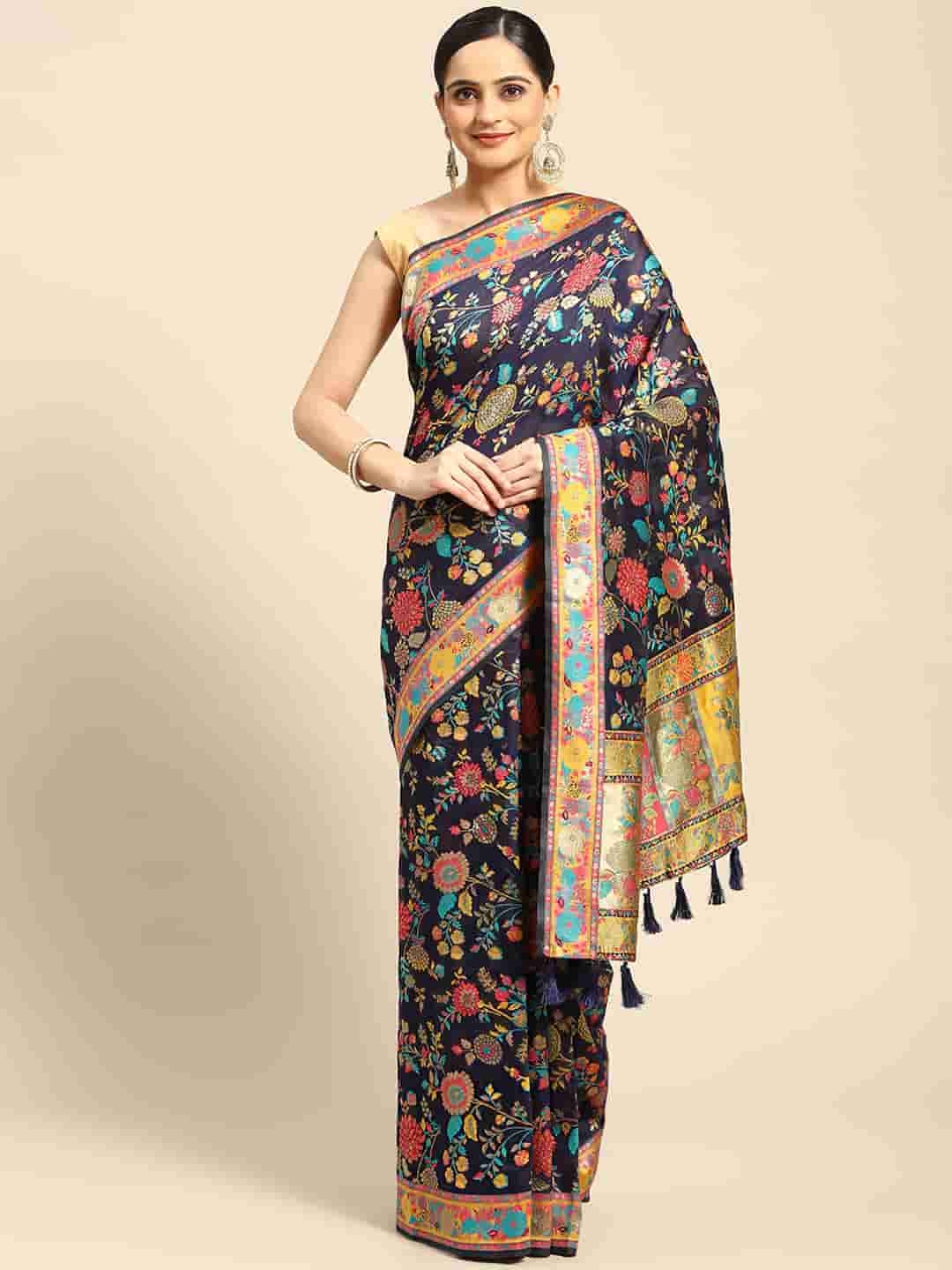 Navy Blue Cotton Blend Woven Thread Floral Saree with Unstitched Blouse - Hiral Fashion | Swadesiicart