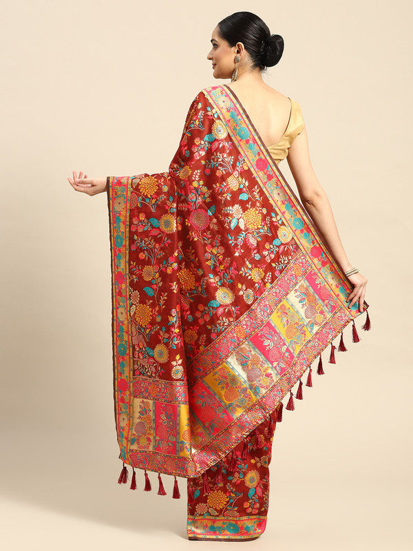 Red Cotton Blend Woven Thread Floral Saree with Unstitched Blouse - Hiral Fashion | Swadesiicart