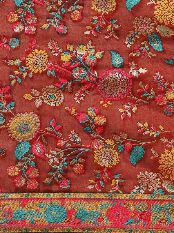 Red Cotton Blend Woven Thread Floral Saree with Unstitched Blouse - Hiral Fashion | Swadesiicart