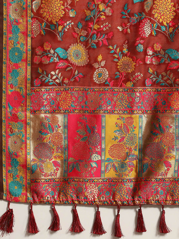 Red Cotton Blend Woven Thread Floral Saree with Unstitched Blouse - Hiral Fashion | Swadesiicart