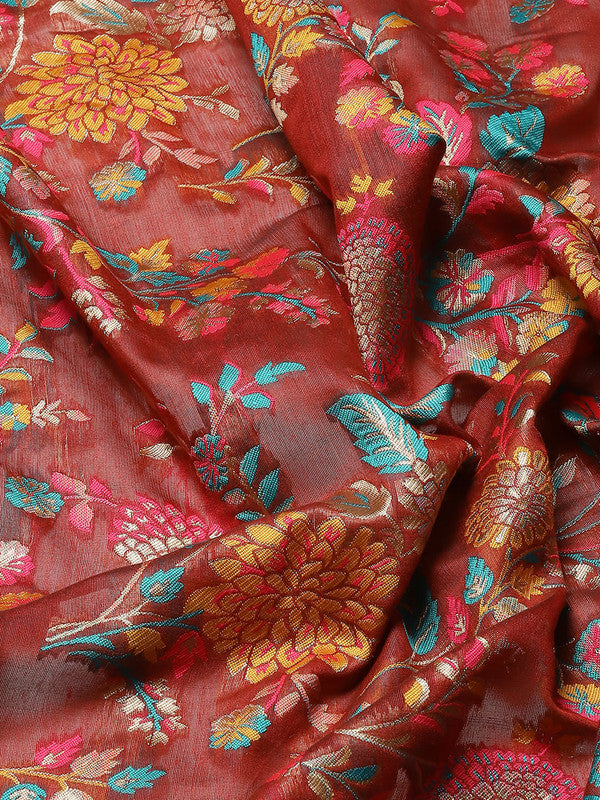 Red Cotton Blend Woven Thread Floral Saree with Unstitched Blouse - Hiral Fashion | Swadesiicart