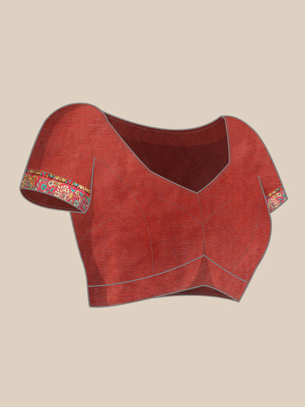 Red Cotton Blend Woven Thread Floral Saree with Unstitched Blouse - Hiral Fashion | Swadesiicart