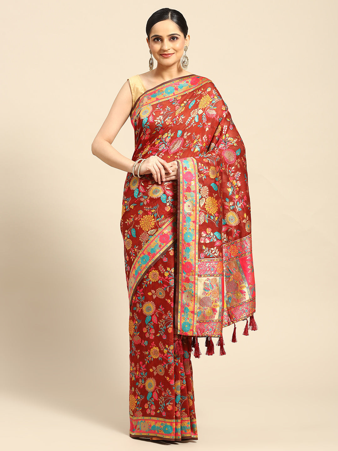 Red Cotton Blend Woven Thread Floral Saree with Unstitched Blouse - Hiral Fashion | Swadesiicart