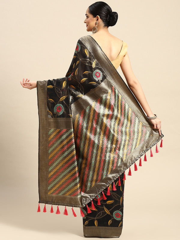 Black Cotton Blend Woven Thread Floral Saree with Unstitched Blouse - Hiral Fashion | Swadesiicart