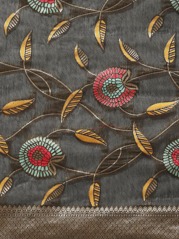 Black Cotton Blend Woven Thread Floral Saree with Unstitched Blouse - Hiral Fashion | Swadesiicart