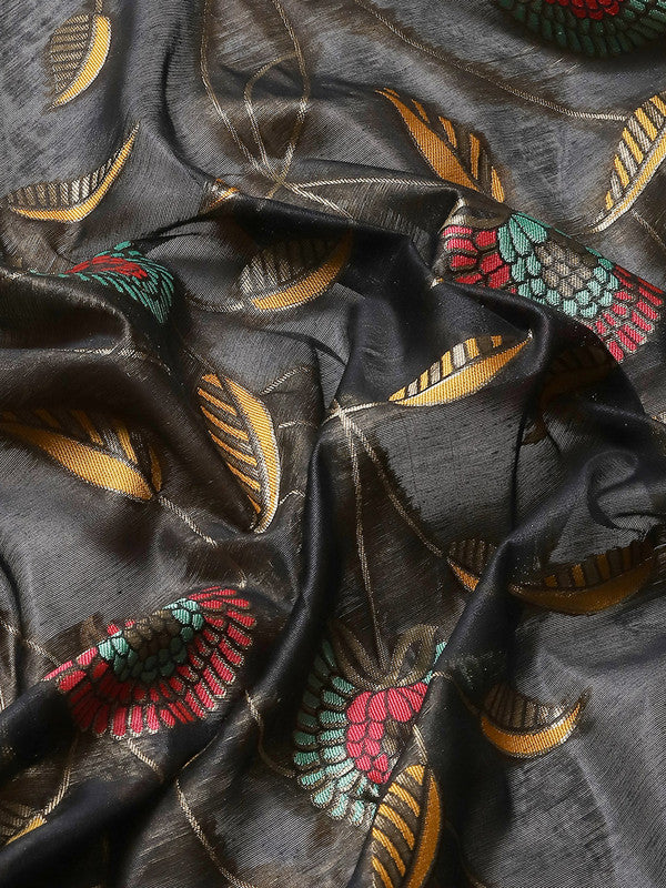 Black Cotton Blend Woven Thread Floral Saree with Unstitched Blouse - Hiral Fashion | Swadesiicart