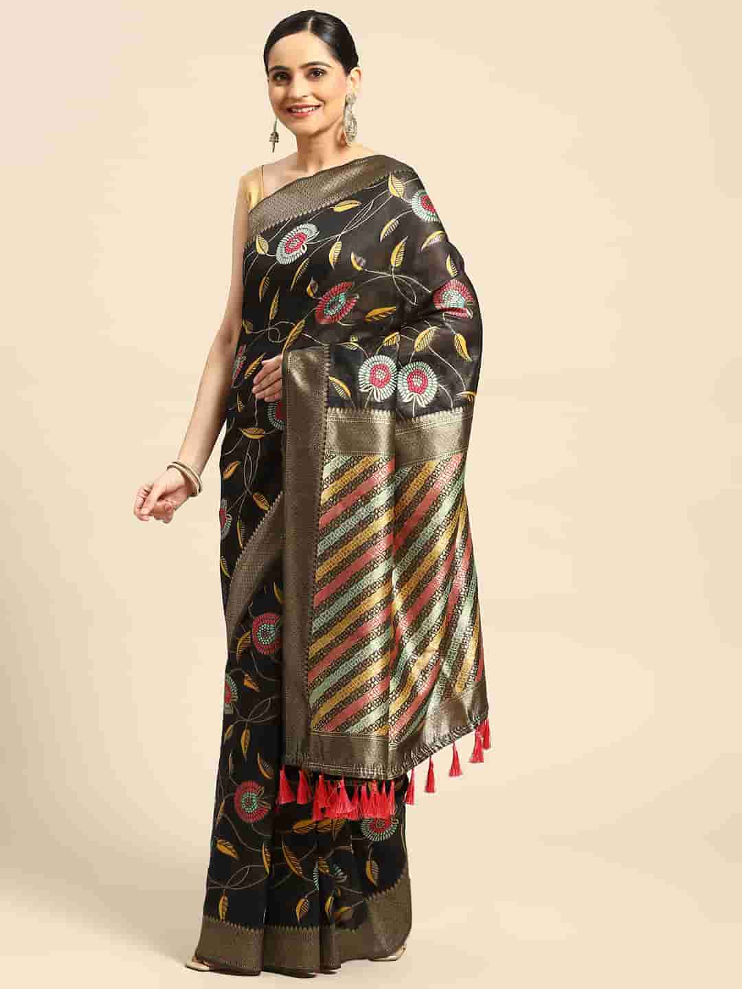 Black Cotton Blend Woven Thread Floral Saree with Unstitched Blouse - Hiral Fashion | Swadesiicart