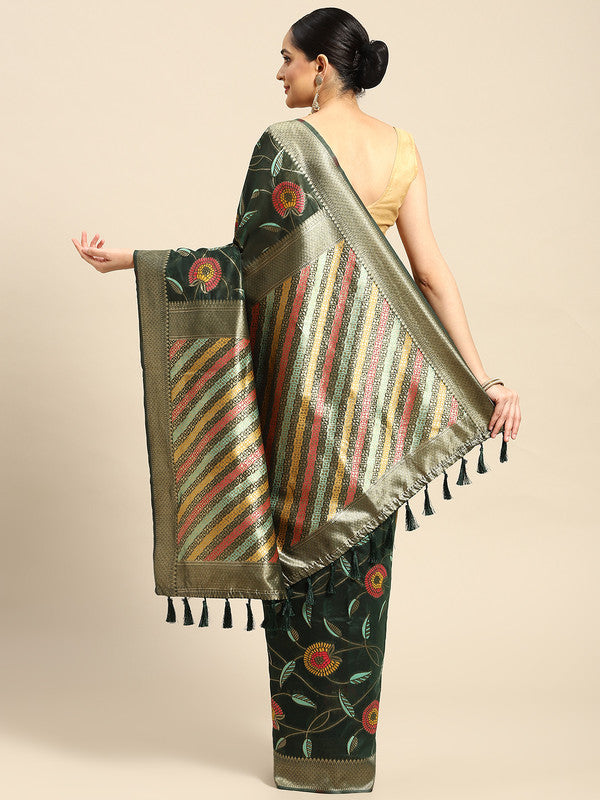 Green Cotton Blend Woven Thread Floral Saree with Unstitched Blouse - Hiral Fashion | Swadesiicart