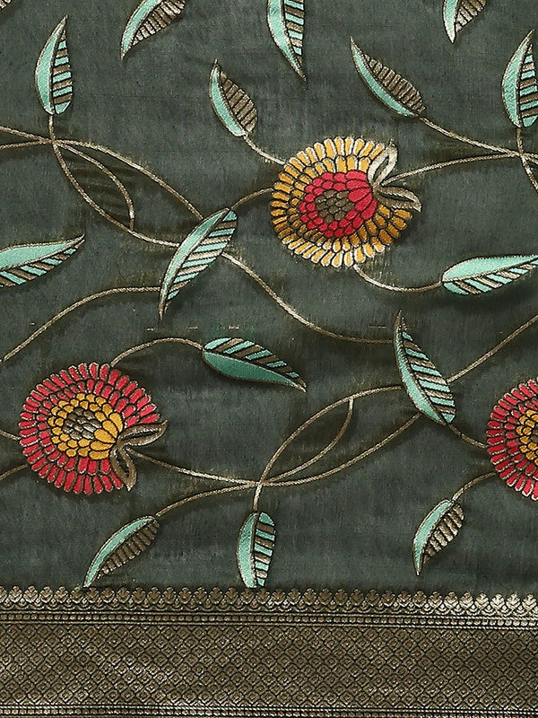 Green Cotton Blend Woven Thread Floral Saree with Unstitched Blouse - Hiral Fashion | Swadesiicart