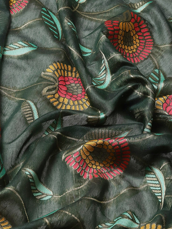 Green Cotton Blend Woven Thread Floral Saree with Unstitched Blouse - Hiral Fashion | Swadesiicart
