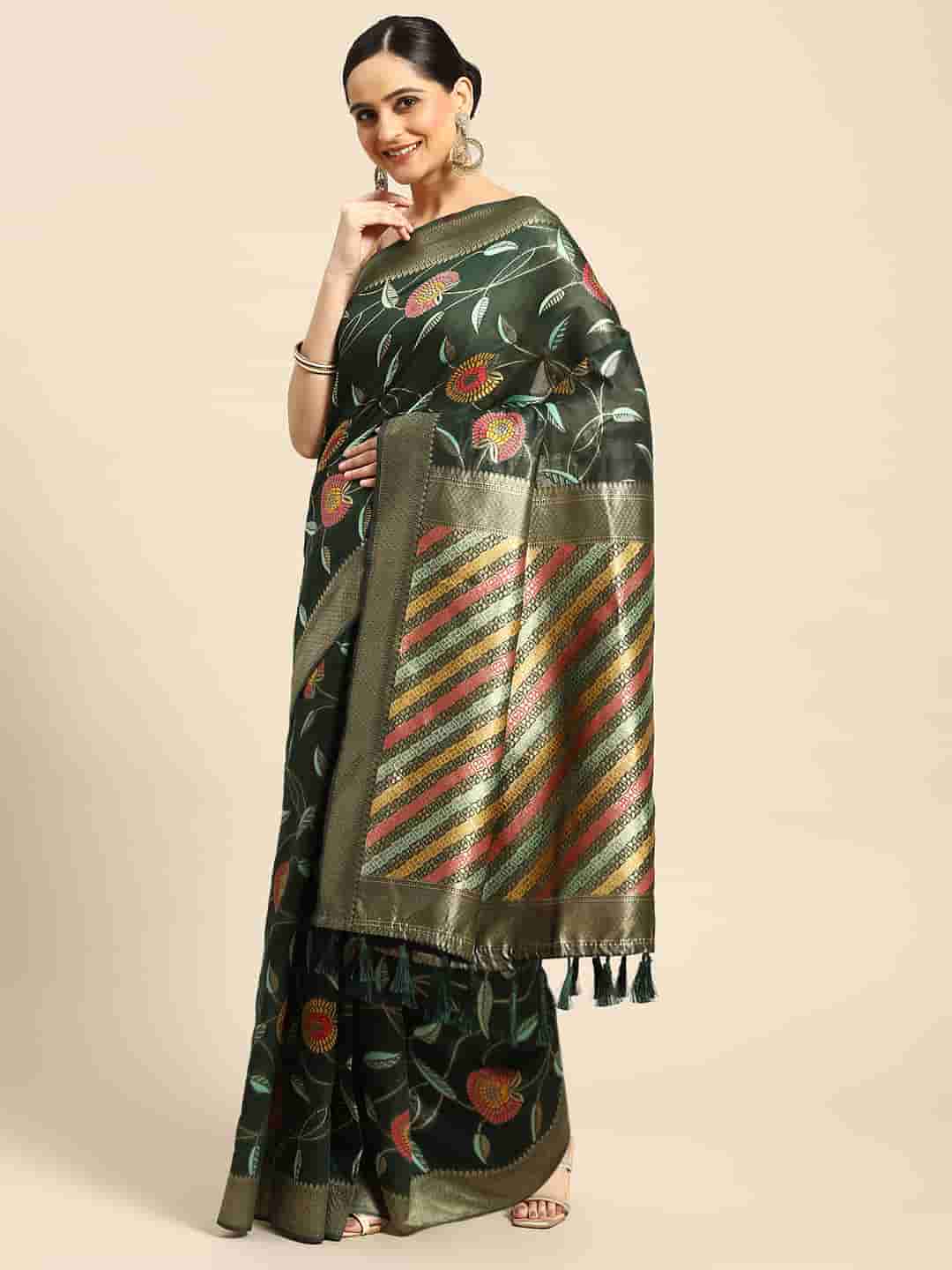 Green Cotton Blend Woven Thread Floral Saree with Unstitched Blouse - Hiral Fashion | Swadesiicart