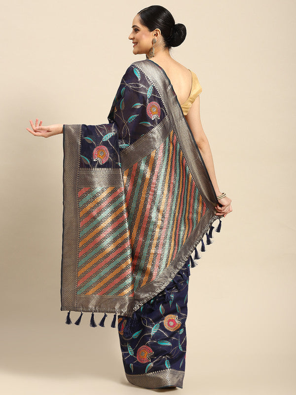Navy Blue Cotton Blend Woven Thread Floral Saree with Unstitched Blouse - Hiral Fashion | Swadesiicart