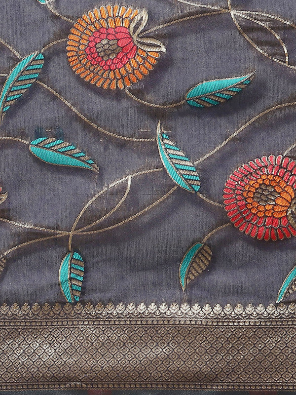 Navy Blue Cotton Blend Woven Thread Floral Saree with Unstitched Blouse - Hiral Fashion | Swadesiicart