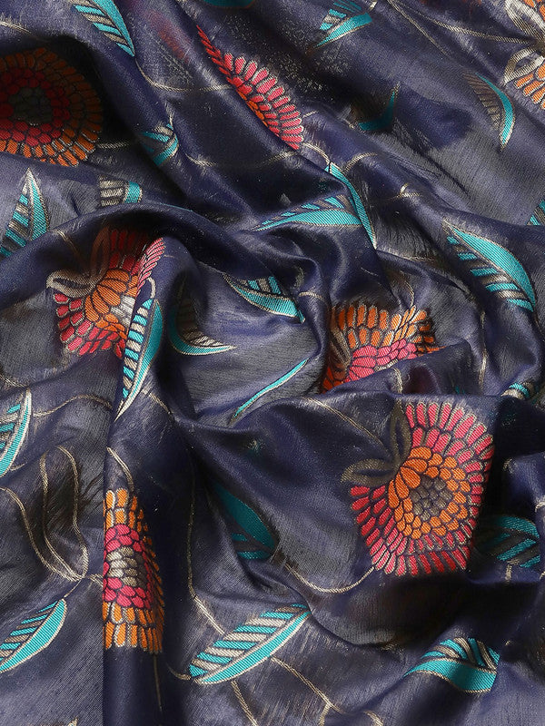 Navy Blue Cotton Blend Woven Thread Floral Saree with Unstitched Blouse - Hiral Fashion | Swadesiicart