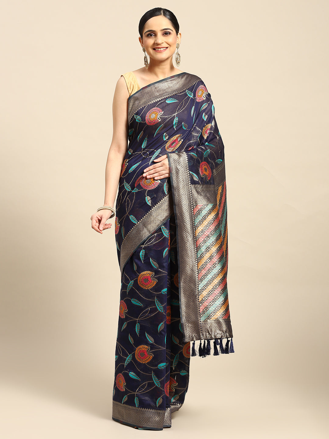 Navy Blue Cotton Blend Woven Thread Floral Saree with Unstitched Blouse - Hiral Fashion | Swadesiicart