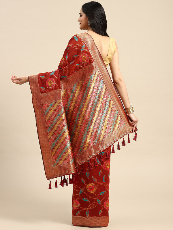 Red Cotton Blend Woven Thread Floral Saree with Unstitched Blouse - Hiral Fashion | Swadesiicart