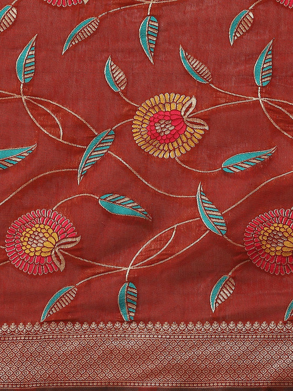Red Cotton Blend Woven Thread Floral Saree with Unstitched Blouse - Hiral Fashion | Swadesiicart