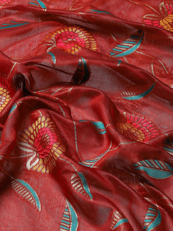 Red Cotton Blend Woven Thread Floral Saree with Unstitched Blouse - Hiral Fashion | Swadesiicart