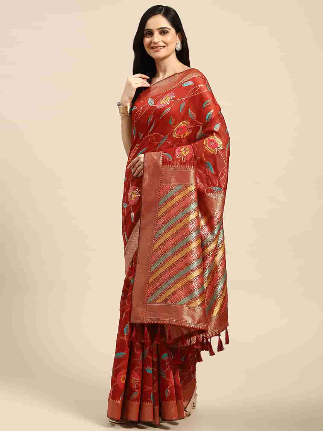 Red Cotton Blend Woven Thread Floral Saree with Unstitched Blouse - Hiral Fashion | Swadesiicart