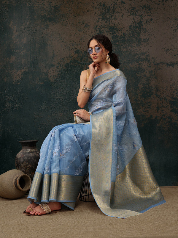 Blue Kota Doria Embroidered Floral Saree with Unstitched Blouse - Hiral Fashion | Swadesiicart