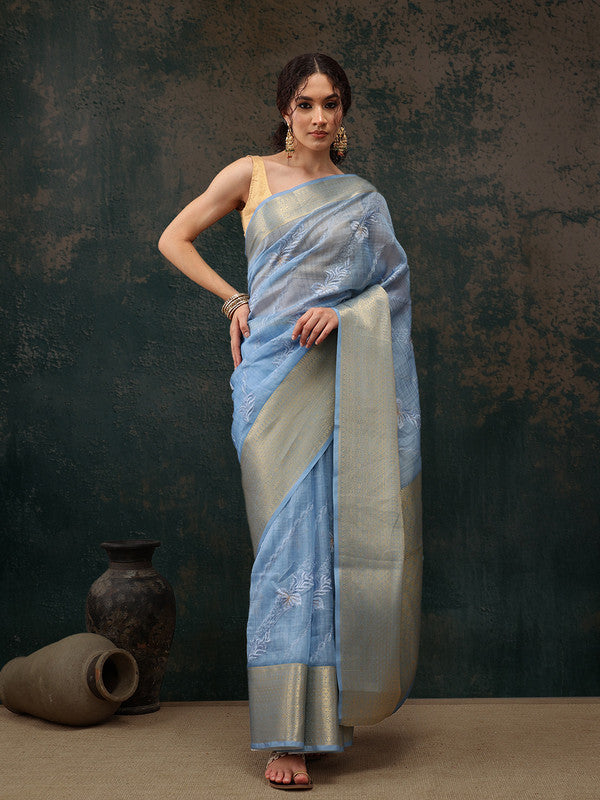 Blue Kota Doria Embroidered Floral Saree with Unstitched Blouse - Hiral Fashion | Swadesiicart