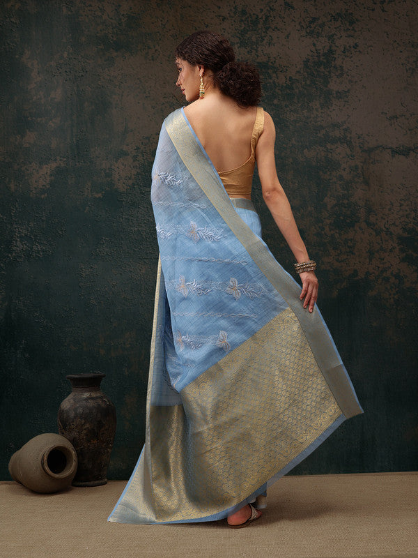 Blue Kota Doria Embroidered Floral Saree with Unstitched Blouse - Hiral Fashion | Swadesiicart