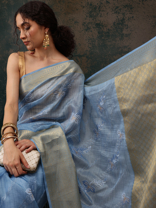 Blue Kota Doria Embroidered Floral Saree with Unstitched Blouse - Hiral Fashion | Swadesiicart