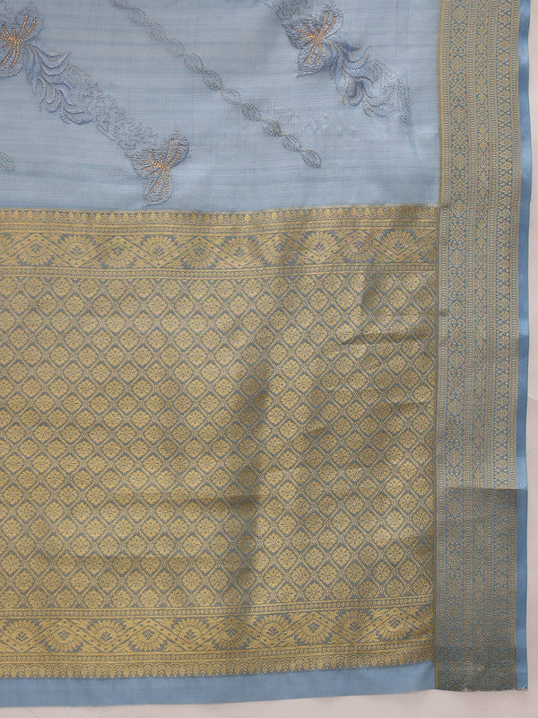 Blue Kota Doria Embroidered Floral Saree with Unstitched Blouse - Hiral Fashion | Swadesiicart
