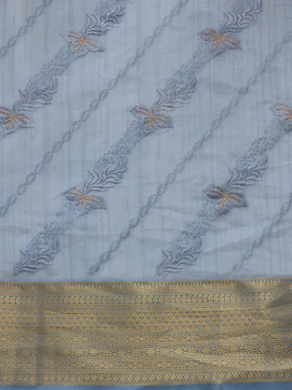 Blue Kota Doria Embroidered Floral Saree with Unstitched Blouse - Hiral Fashion | Swadesiicart