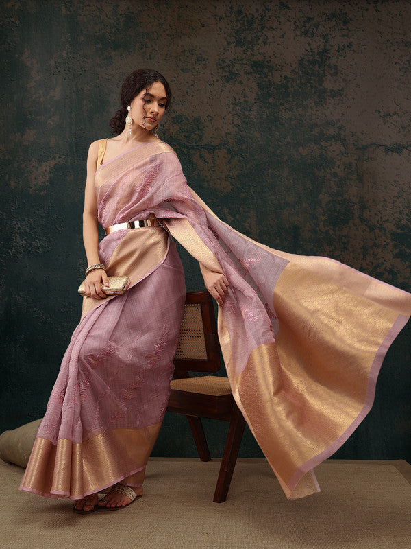 Pink Kota Doria Embroidered Floral Saree with Unstitched Blouse - Hiral Fashion | Swadesiicart