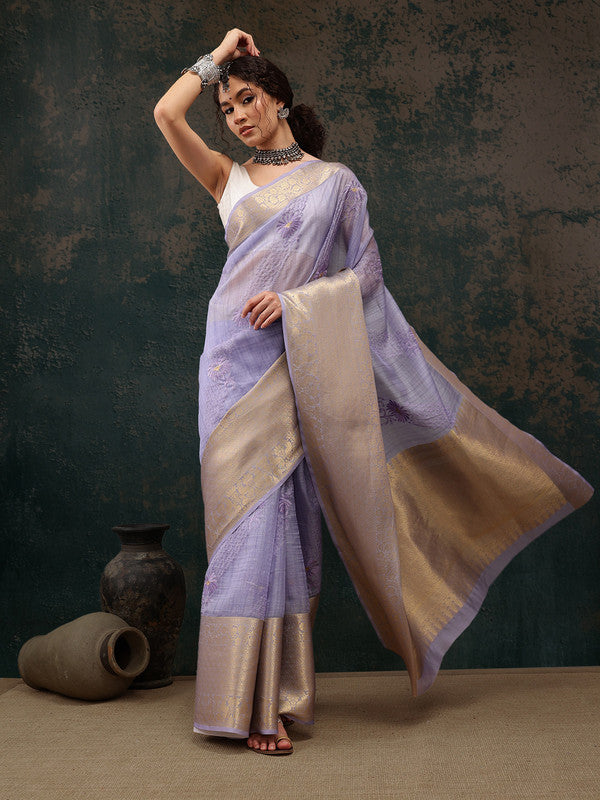 Lavender Kota Doria Embroidered Floral Saree with Unstitched Blouse - Hiral Fashion | Swadesiicart