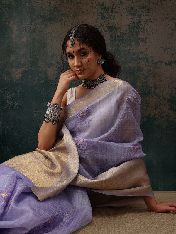 Lavender Kota Doria Embroidered Floral Saree with Unstitched Blouse - Hiral Fashion | Swadesiicart