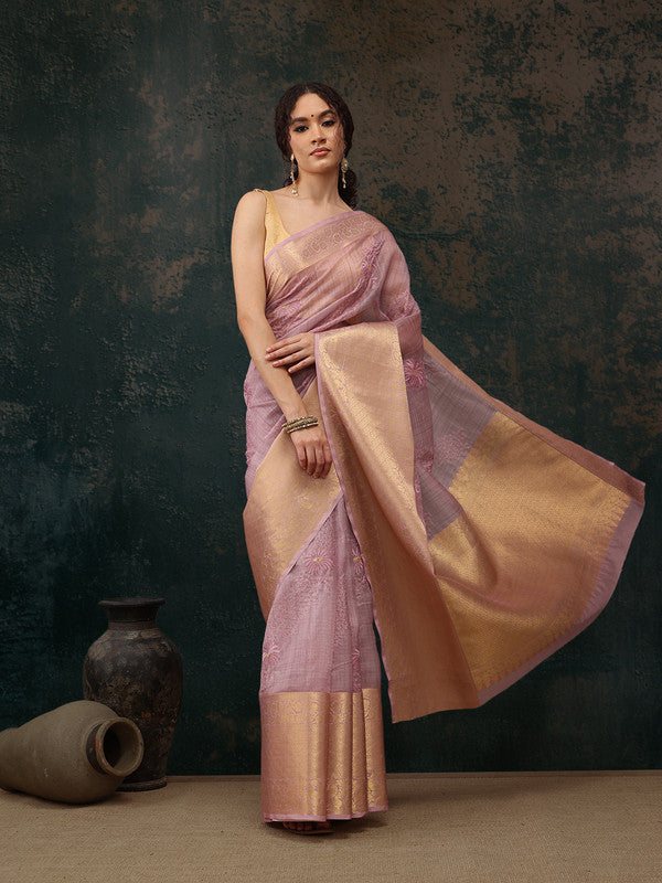 Pink Kota Doria Embroidered Floral Saree with Unstitched Blouse - Hiral Fashion | Swadesiicart