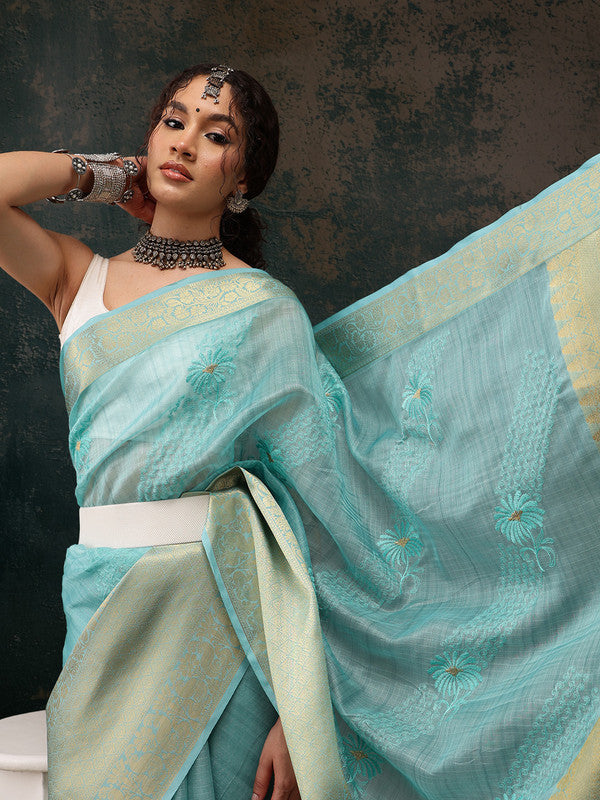 Turquoise Kota Doria Embroidered Floral Saree with Unstitched Blouse - Hiral Fashion | Swadesiicart