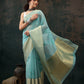 Turquoise Kota Doria Embroidered Floral Saree with Unstitched Blouse - Hiral Fashion | Swadesiicart
