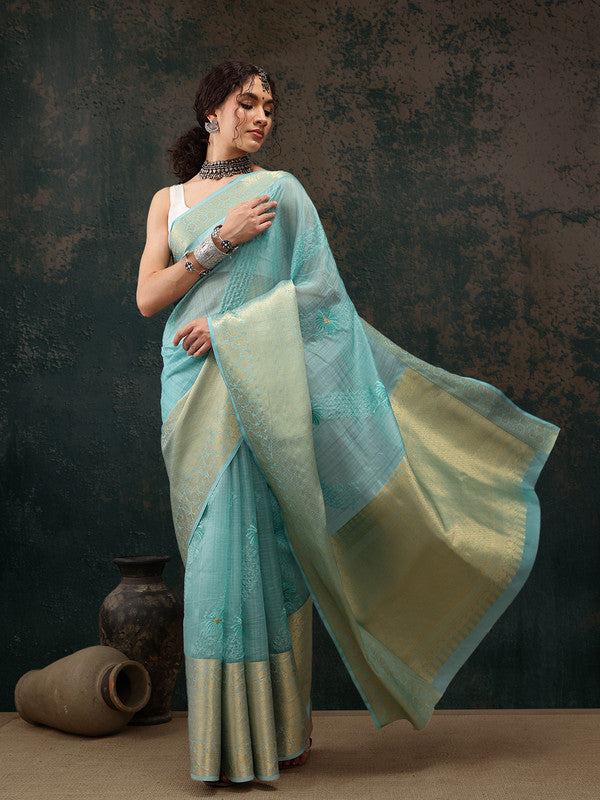 Turquoise Kota Doria Embroidered Floral Saree with Unstitched Blouse - Hiral Fashion | Swadesiicart