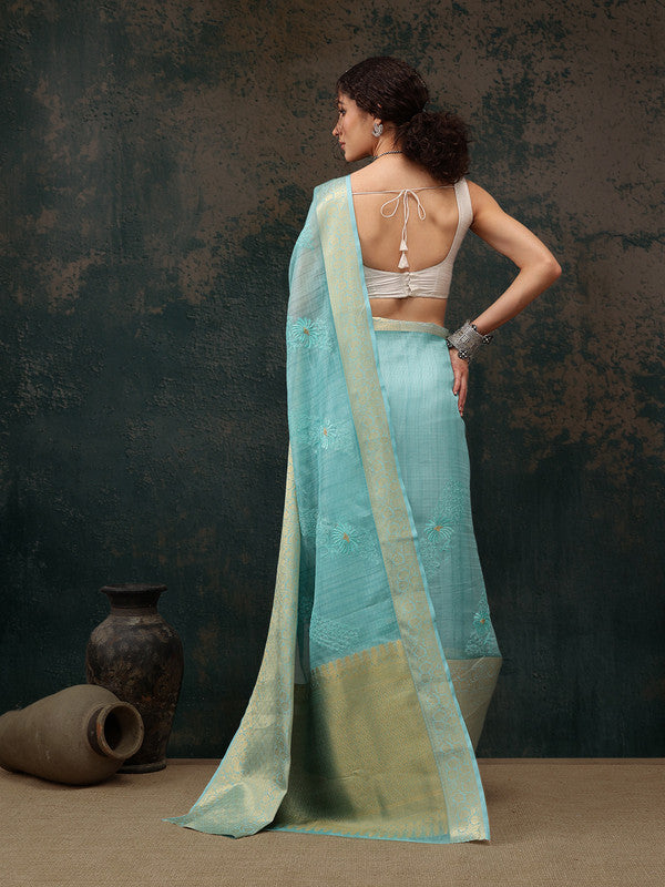 Turquoise Kota Doria Embroidered Floral Saree with Unstitched Blouse - Hiral Fashion | Swadesiicart