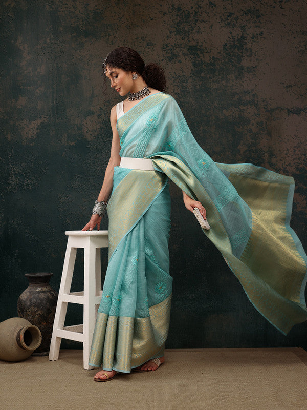 Turquoise Kota Doria Embroidered Floral Saree with Unstitched Blouse - Hiral Fashion | Swadesiicart