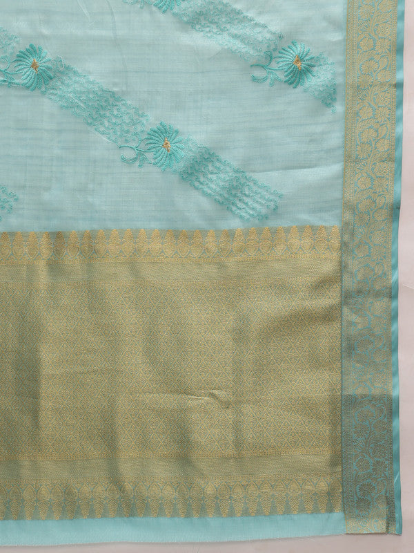 Turquoise Kota Doria Embroidered Floral Saree with Unstitched Blouse - Hiral Fashion | Swadesiicart