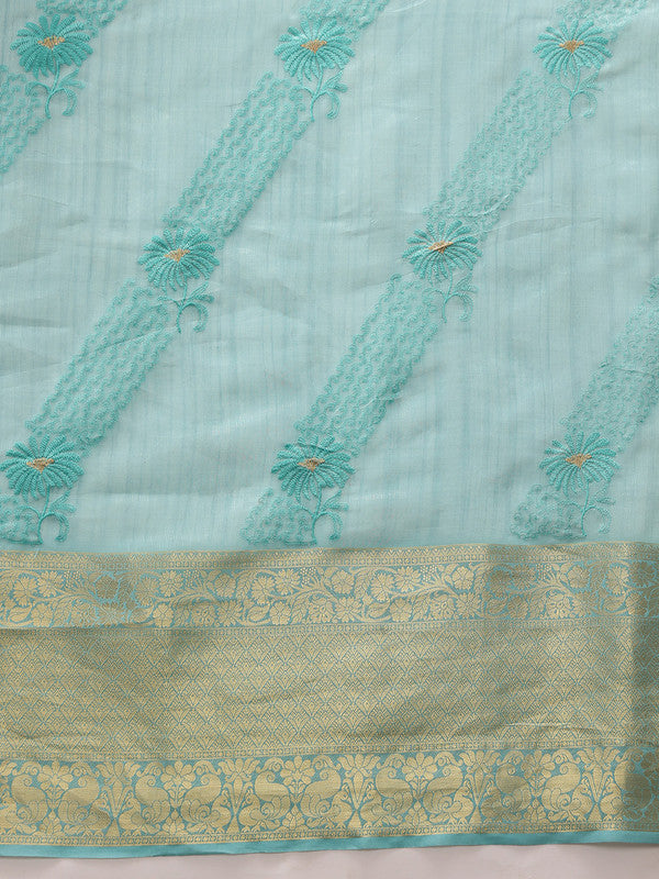 Turquoise Kota Doria Embroidered Floral Saree with Unstitched Blouse - Hiral Fashion | Swadesiicart