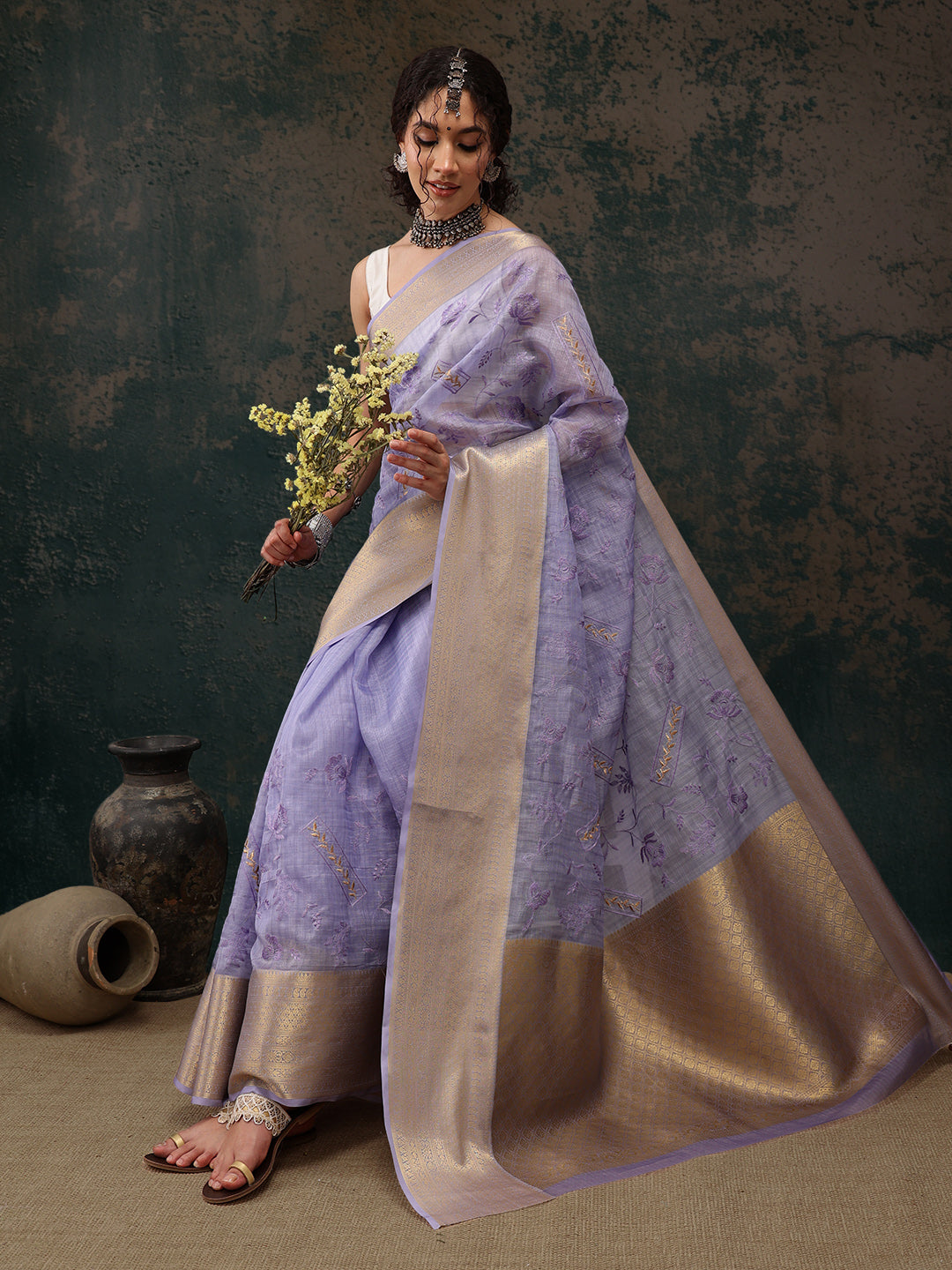 Lavender Kota Doria Embroidered Floral Saree with Unstitched Blouse - Hiral Fashion | Swadesiicart