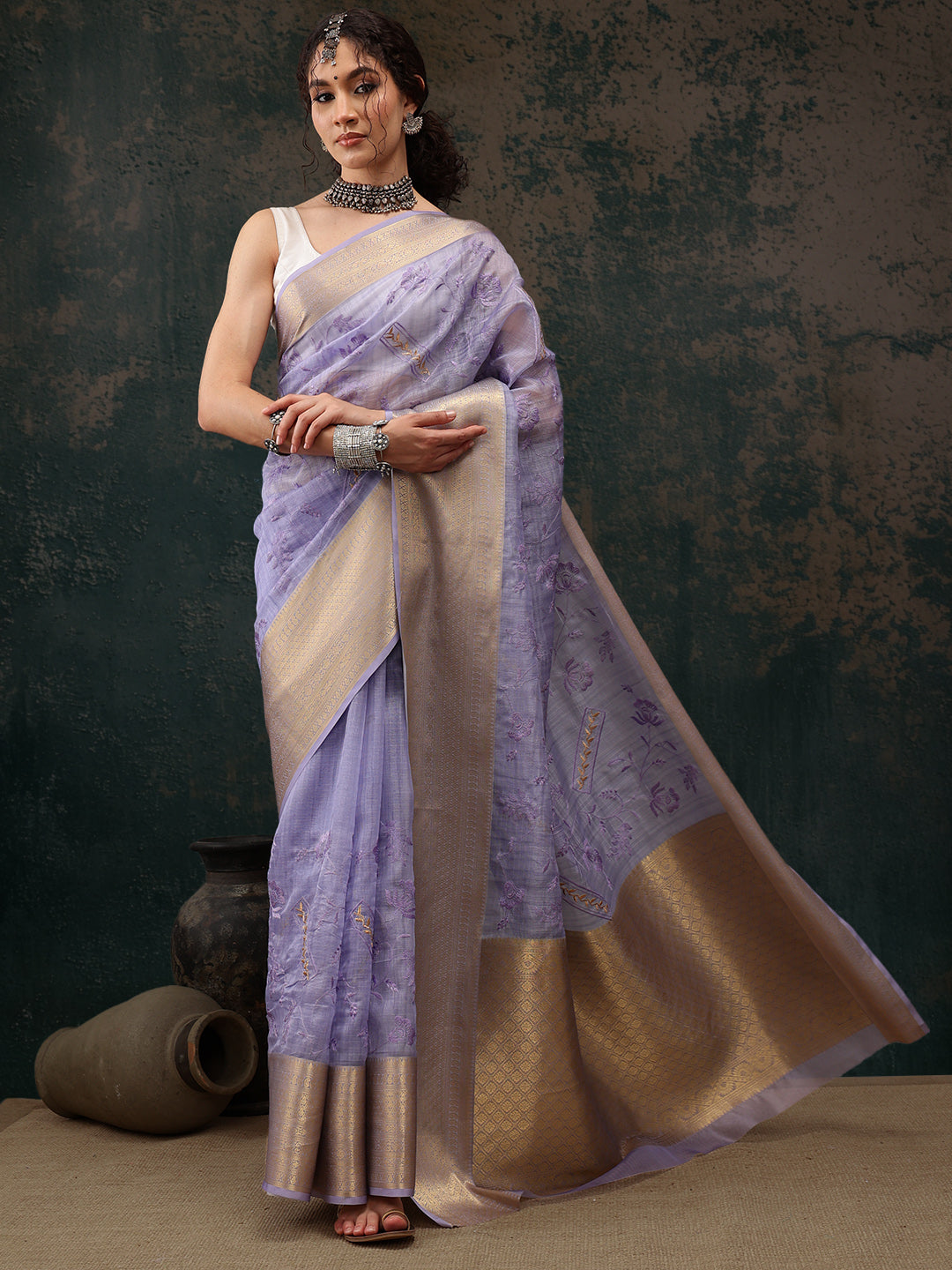 Lavender Kota Doria Embroidered Floral Saree with Unstitched Blouse - Hiral Fashion | Swadesiicart