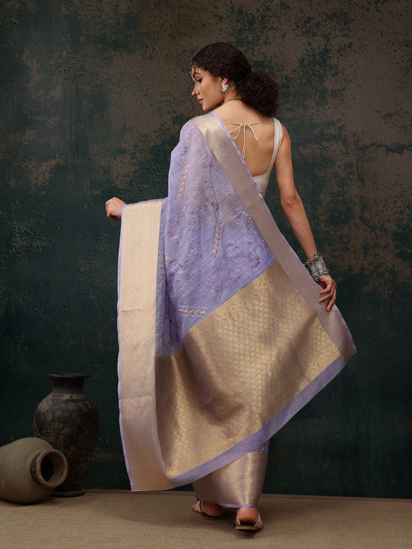 Lavender Kota Doria Embroidered Floral Saree with Unstitched Blouse - Hiral Fashion | Swadesiicart