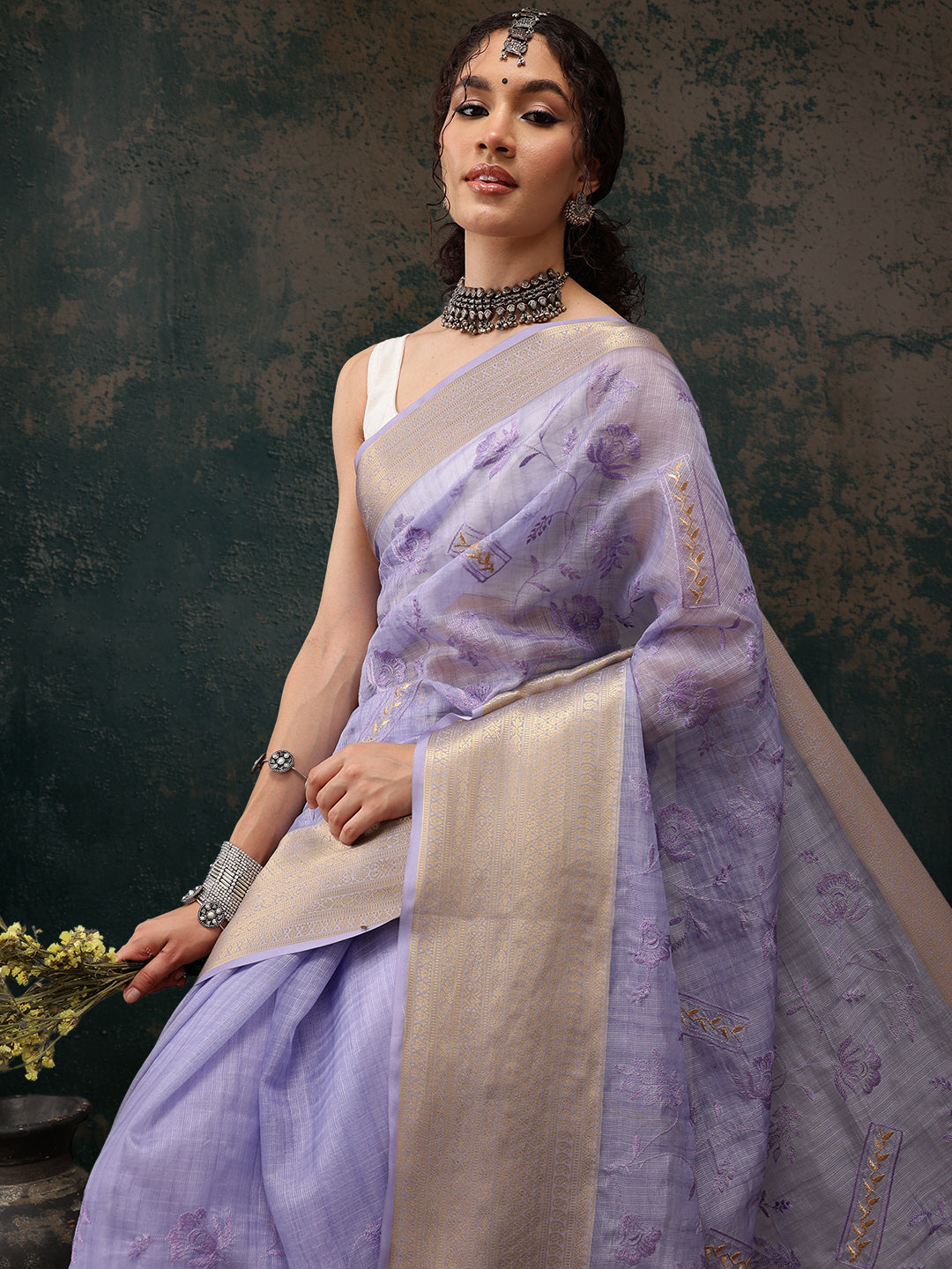 Lavender Kota Doria Embroidered Floral Saree with Unstitched Blouse - Hiral Fashion | Swadesiicart