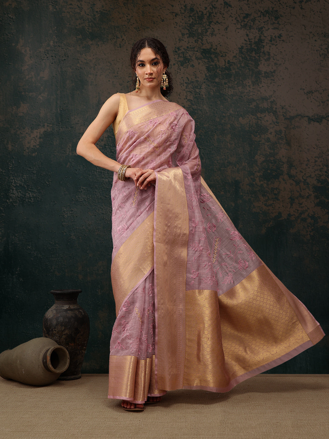 Pink Kota Doria Embroidered Floral Saree with Unstitched Blouse - Hiral Fashion | Swadesiicart