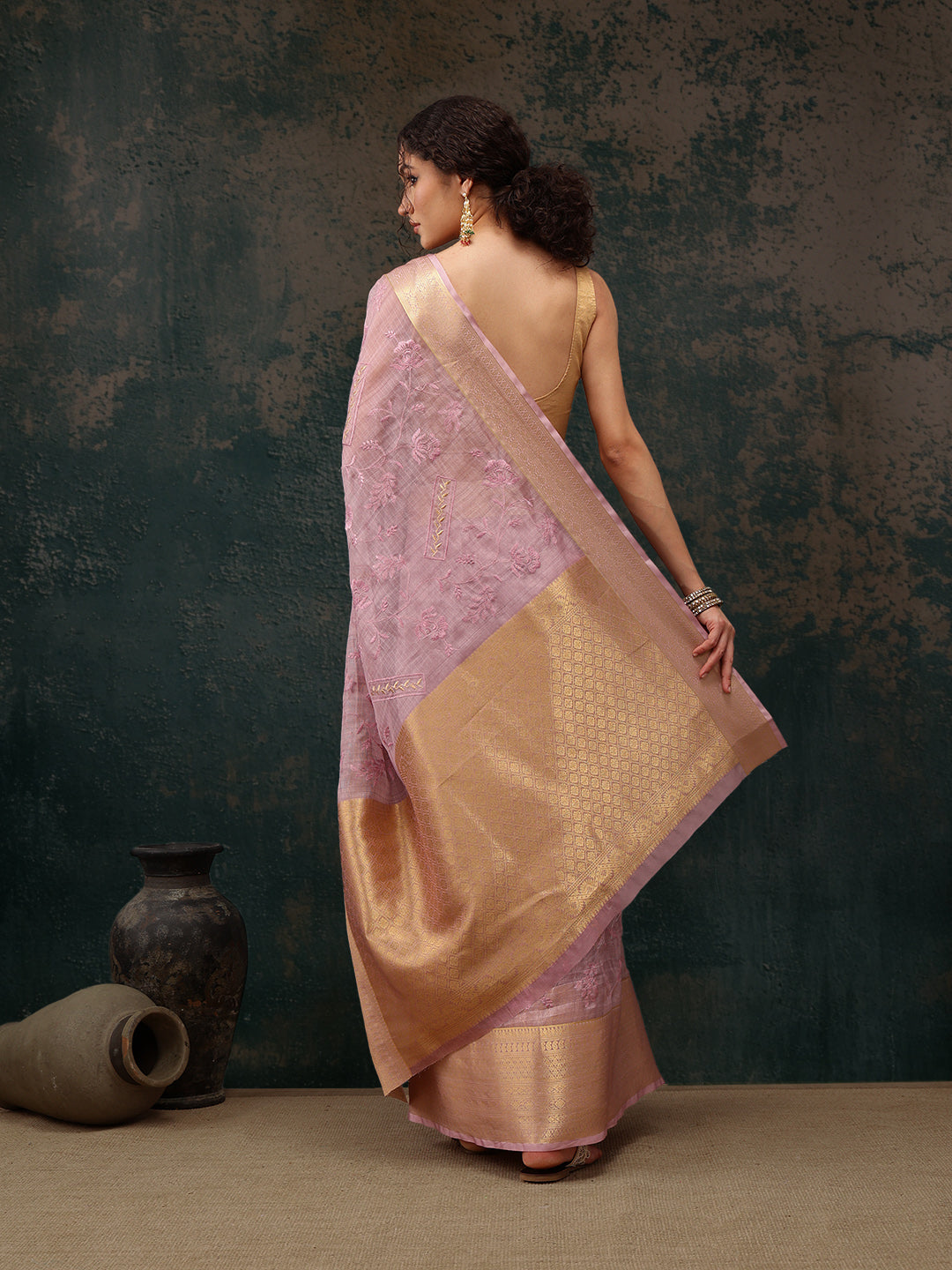 Pink Kota Doria Embroidered Floral Saree with Unstitched Blouse - Hiral Fashion | Swadesiicart
