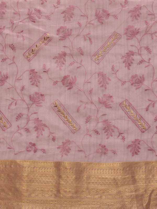 Pink Kota Doria Embroidered Floral Saree with Unstitched Blouse - Hiral Fashion | Swadesiicart