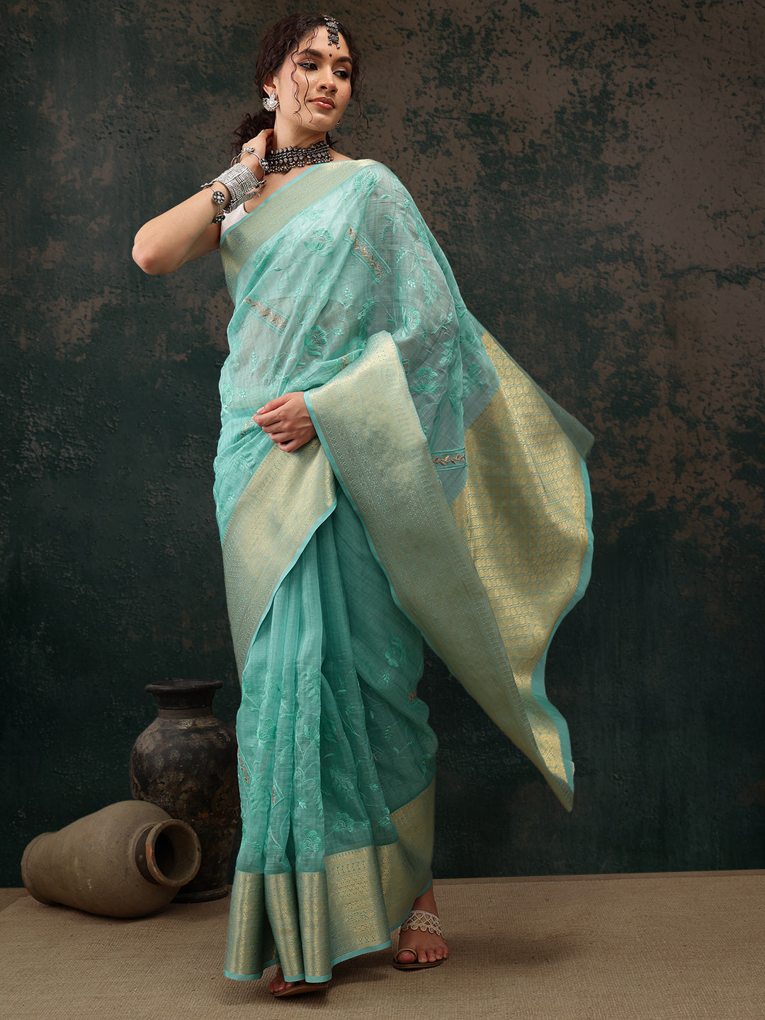 Turquoise Kota Doria Embroidered Floral Saree with Unstitched Blouse - Hiral Fashion | Swadesiicart