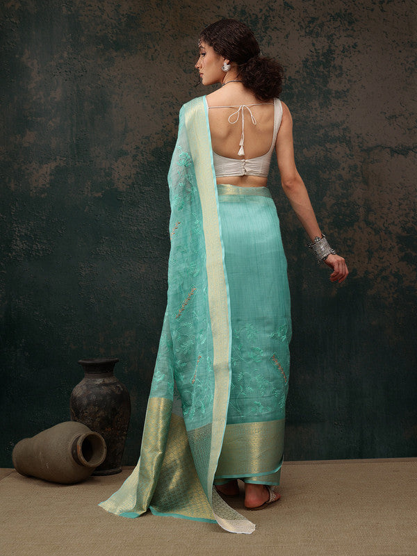 Turquoise Kota Doria Embroidered Floral Saree with Unstitched Blouse - Hiral Fashion | Swadesiicart